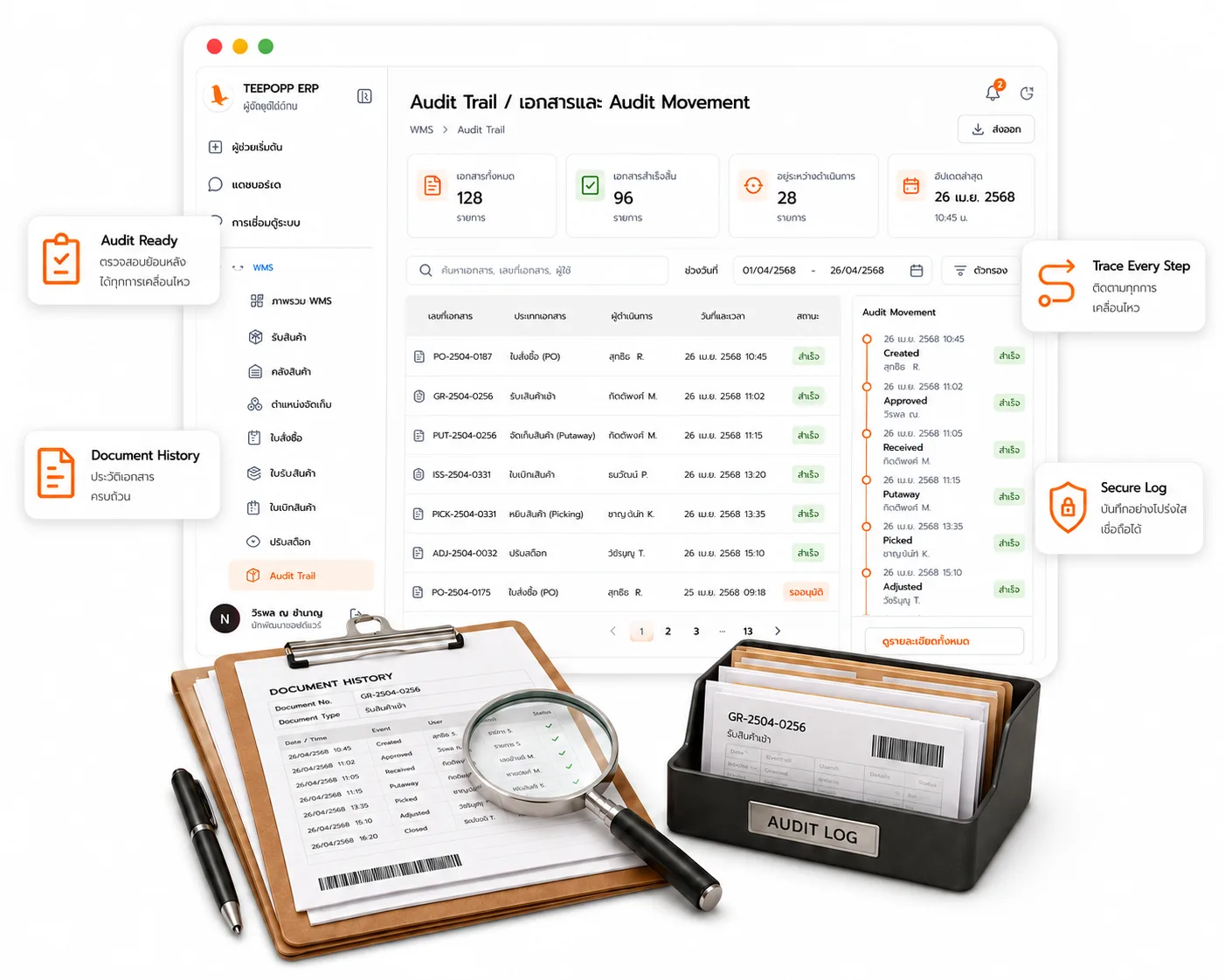หน้าจอ audit trail และ stock movement